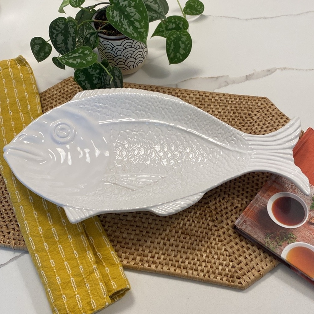 Glazed White Ceramic Fish Platter Made in Portugal